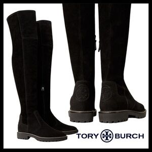 Tory Burch Miller Suede Lug Sole Over-the-Knee Boots, Black, Size 5.5
